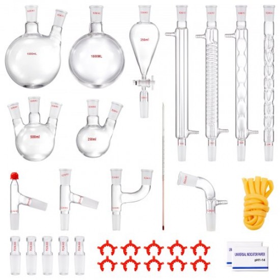 Comprar Kit de destilación de laboratorio, kit de destilación de vidrio de laboratorio 3.3 Boro con 24 y 40 compuestos, juego de equipos de destilación de aceites esenciales de 1000 ml, 32 piezas