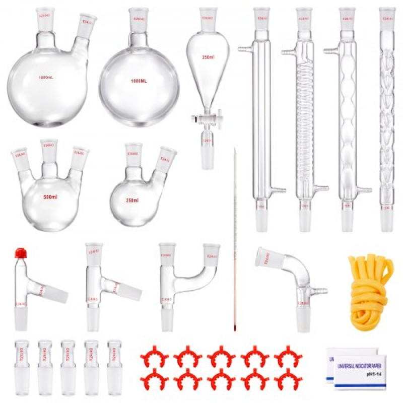 VEVOR Kit de destilación de laboratorio, kit de destilación de vidrio de laboratorio 3.3 Boro con 24 y 40 compuestos, juego de equipos de destilación de aceites esenciales de 1000 ml, 32 piezas