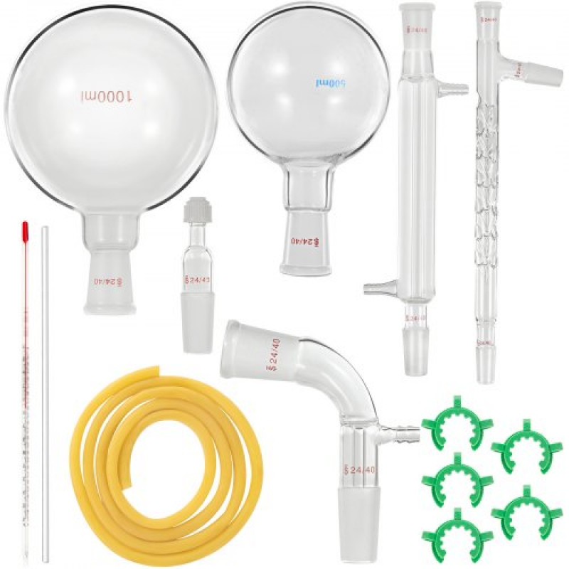 VEVOR Conjunto de Vidrio de Laboratorio Ciencia Industrial, 24 / 40 Cristalería de Laboratorio Ciencia Industrial, 500 / 1.000 ml Destilador Laboratorio Juego de Unidades de Destilación para Secado