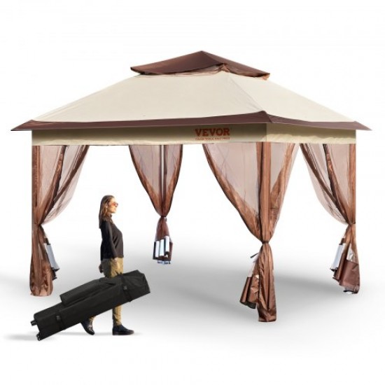 Koop Tuinpaviljoen 334x334 cm terraspaviljoen met pop-up klamboe voor 8-10 personen met metalen frame, 250D Oxford canvas PU-gecoat, buitenverblijf voor gazon, achtertuin