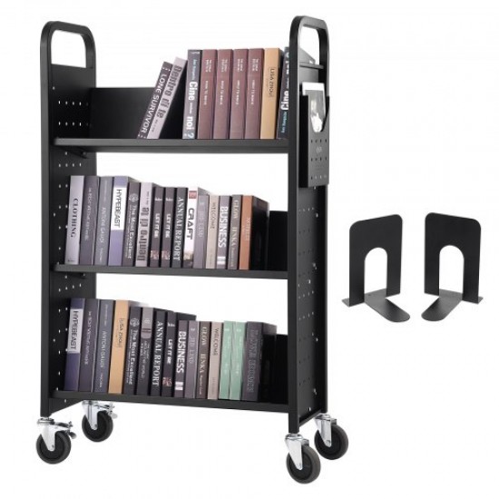 Comprar Carro para Libros, Carro para Biblioteca con Estante Inclinado en Forma de V de Un Lado, 150 kg, 790x385x1250 mm, Ruedas Bloqueables, Almacenamiento de Libros y Almacenamiento para Hogar, Negro