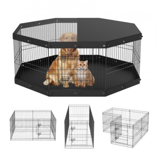 Comprar Valla para Perros de 61x61 cm, Parque para Perros, Conejos, Gatos, con Cubierta Superior y Valla para Mascotas Pequeñas y Medianas, 8 Paneles de Metal Plegables para Acampar en Interior Exterior