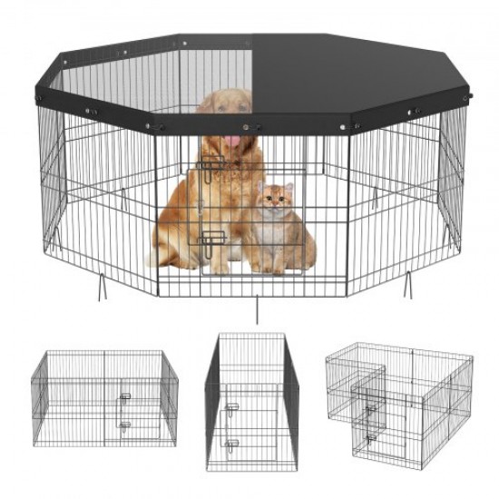 Comprar Cerca de cachorro de 61x61cm, cercadinho de gato coelho de cachorro com cerca de deck superior para animais de estimação pequenos e médios, 8 painéis de malha de metal dobráveis para camping, viagens