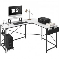 Escritorio de Esquina 150x120x76 cm Carga de 90 kg Escritorio en Forma de L con Bolsa de Almacenamiento, Elevador de Monitor y Soporte de CPU Mesa de Ordenador para Estudio Trabajo Casa Blanco