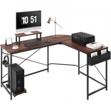 Escritorio de Esquina 150x120x76 cm Carga de 90 kg Escritorio en Forma de L con Bolsa de Almacenamiento, Elevador de Monitor y Soporte de CPU Mesa de Ordenador para Estudio Trabajo Casa Marrón