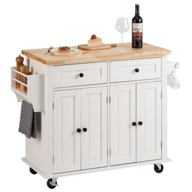 Carro de Cocina con Tapa de Madera Maciza 90x45 cm Carro Móvil con Armario de Almacenamiento sobre Ruedas, Mesa de Cocina Rodante con Estante de Especias, Toallero, Hoja Abatible y Cajón, Blanco