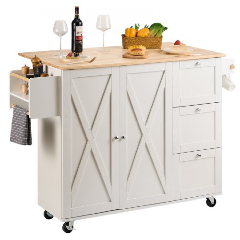 Carro de Cocina con Tapa de Madera Maciza, 115 cm Carro Móvil con Armario de Almacenamiento sobre Ruedas, Mesa de Cocina Rodante con Estante de Especias, Toallero, Hoja Abatible y Cajón, Blanco