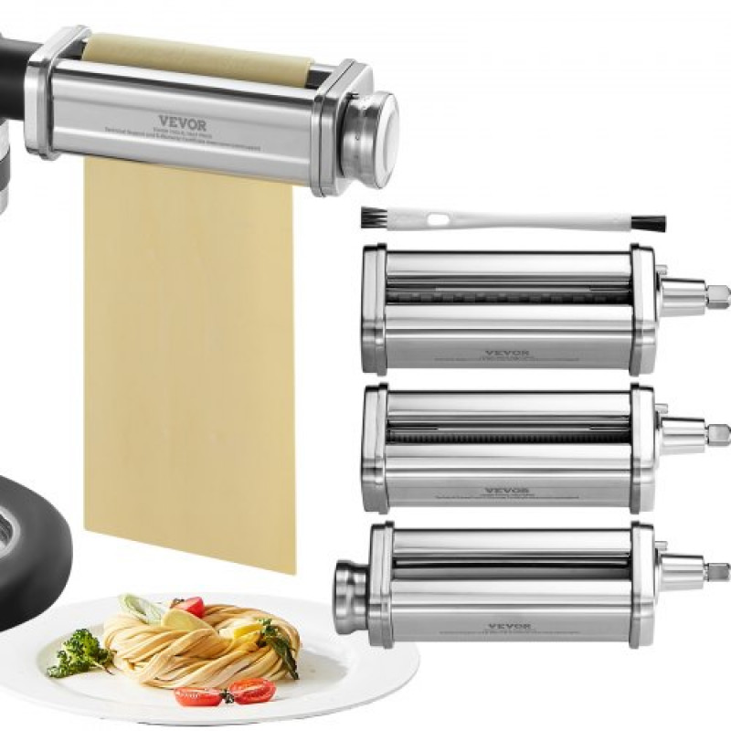 VEVOR Accesorios de Pasta para Procesador de Alimentos 3 Rodillos para Pasta con Cortador de Espaguetis y Cortador de Fettuccine de Acero Inoxidable 8 Ajustes de Espesor 0,3-2 mm para Tortillas