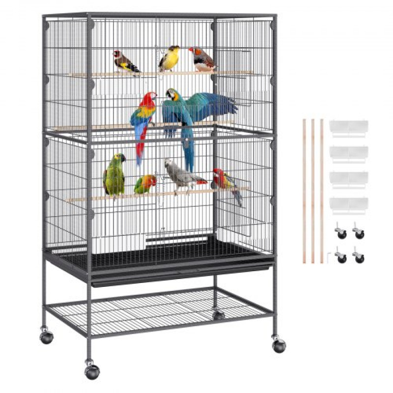 VEVOR Jaula para Pájaros 79x51x132 cm Jaula para Pájaros con Ruedas Enrollable Decorativa con Soporte Rodante Bandeja Desmontable Perchas Comederos para Varios Pájaros Loro Guacamayo Periquito Cacatúa