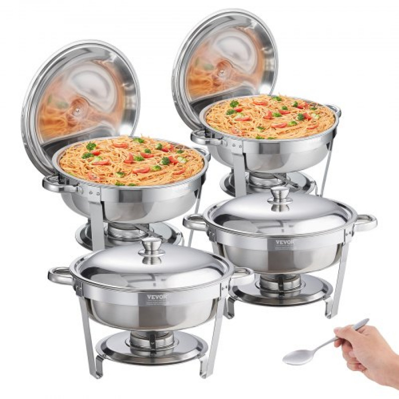 VEVOR 4 PCS Calentador de Alimentos 4 Bandejas de 5,38 L Calentador de Combustible Buffet de Acero Inoxidable Recipiente Redondo Mantiene Caliente para Servir Buffet de Autoservicio Catering de Hotel