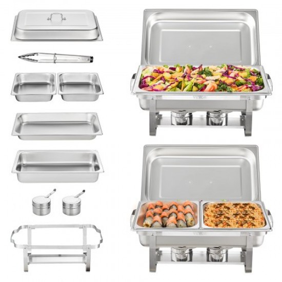 Comprar Juego de 2 platos de cocina de 8 cuartos de galón, de acero inoxidable con 2 sartenes completas y 4 de tamaño medio, servidor rectangular con tapa para bandeja de agua, soporte plegable para ban