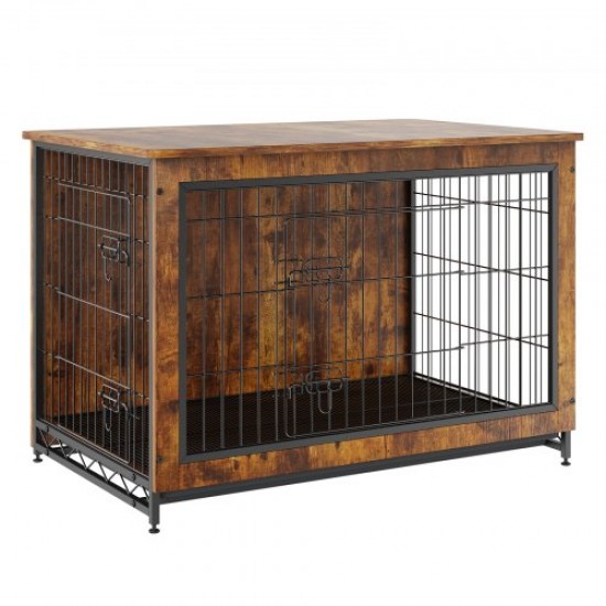 Buy Dog Cage 98x65x68cm Modern Wooden Dog Cage Furniture Multipurpose Indoor Side Table with Double Door and Tray Easy Assembly for Dogs up to 70kg, Rustic Brown