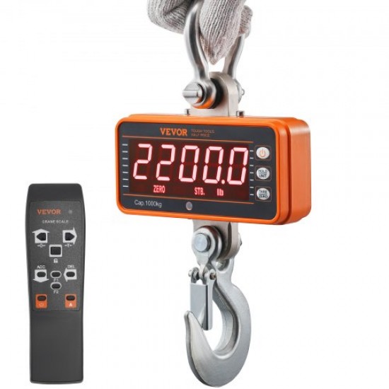 VEVOR Báscula Colgante Industrial 1000 kg Báscula de Grúa Digital con Control Remoto Carcasa de Aluminio Fundido, Pantalla LED de Alta Precisión para Granja, Caza, Pesca, Garaje al Aire Libre, Naranja